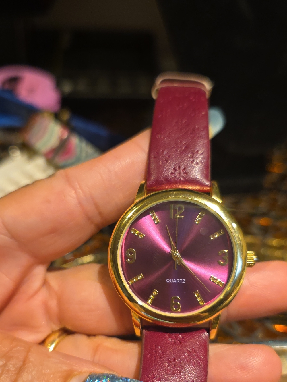 Women's Burgundy Leather Strap Gold-Tone Quartz Watch - Unbranded